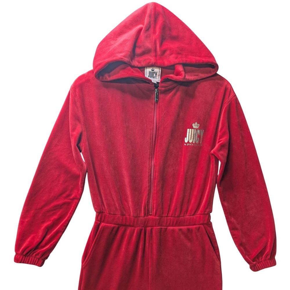 Juicy by Juicy Couture Red Velour Hooded Jumpsuit XS  Zip Front Romper Y2K Cozy